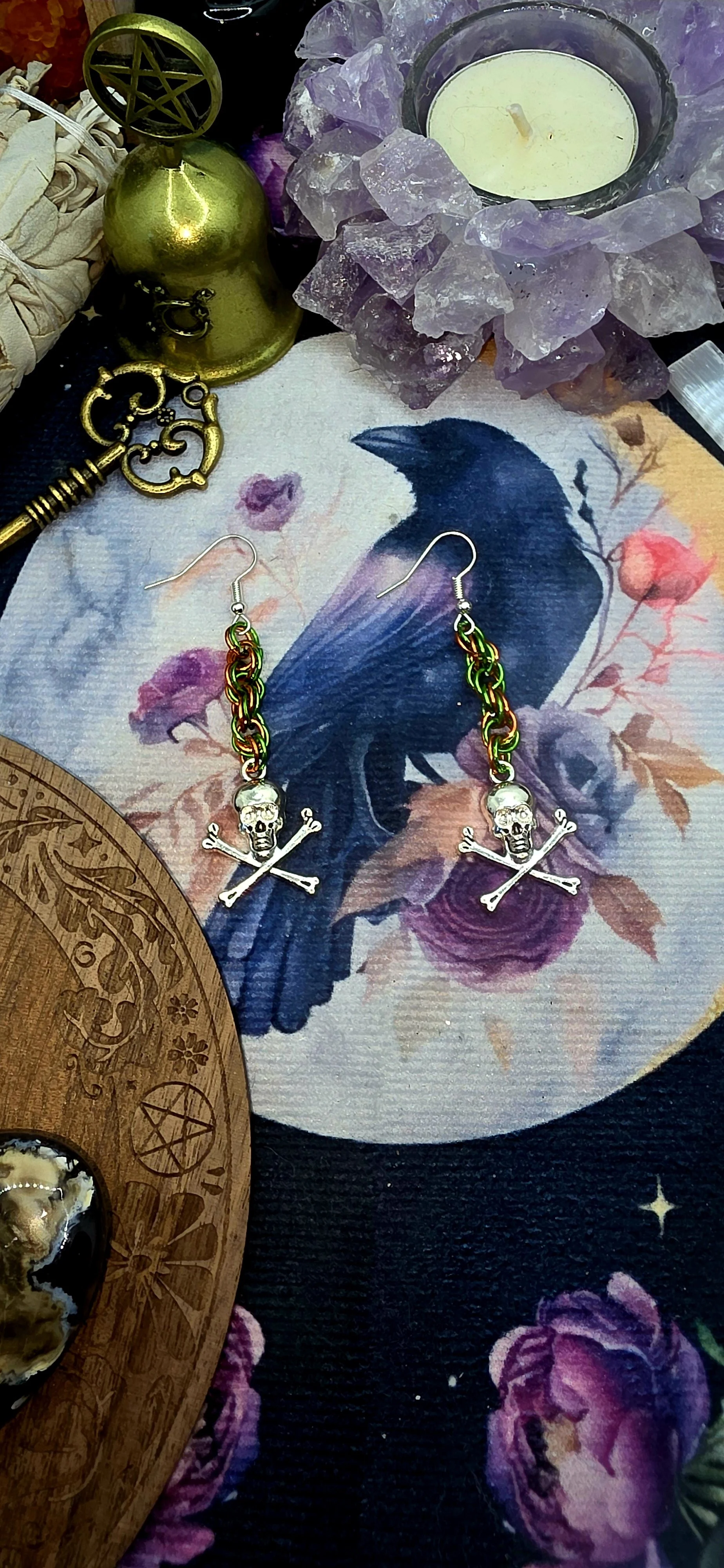 Orange and Green Chainmail Skull Earrings