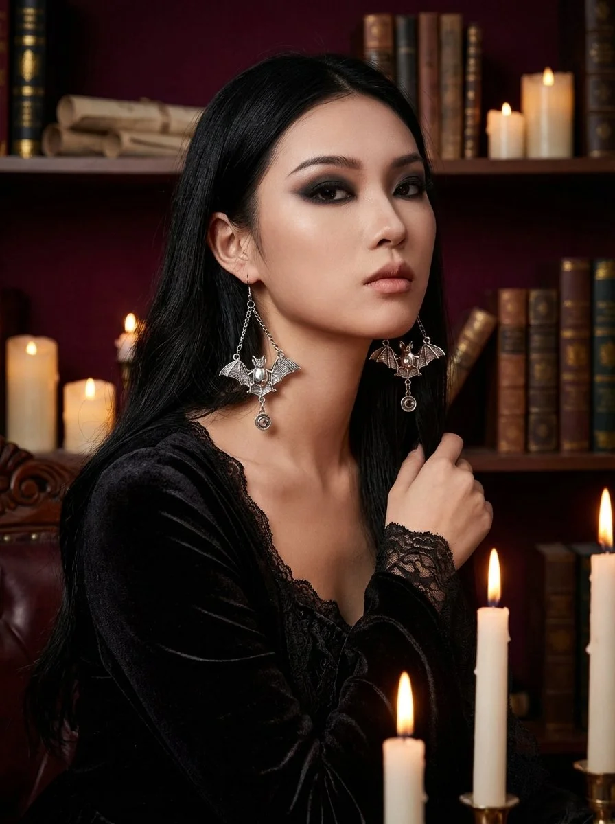 Mystical Silver Bat Earrings with Chain