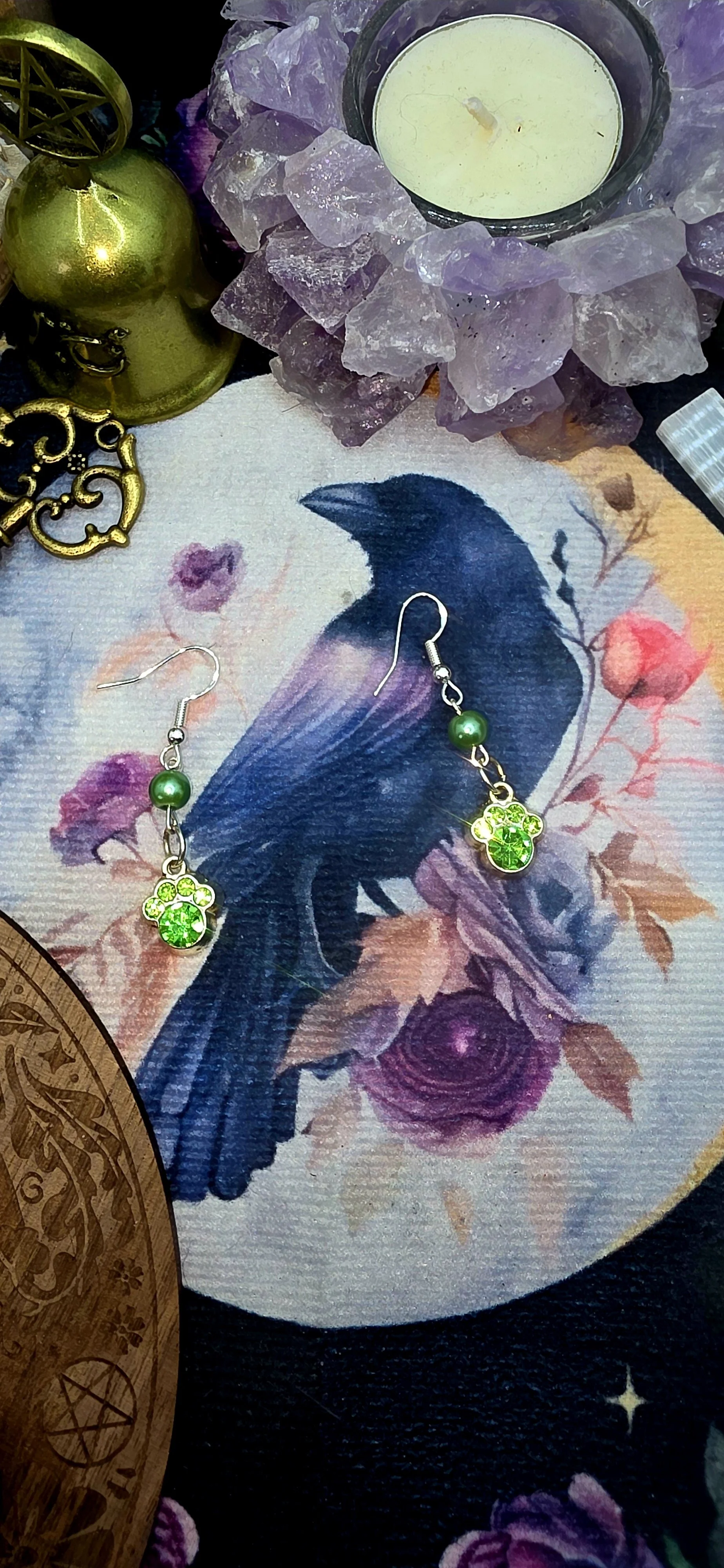 Silver Paws Earrings with Sea Green Gems