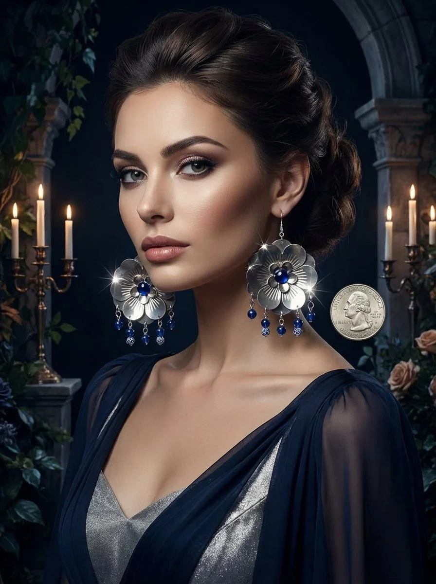 A woman with styled dark hair, wearing a dark blue dress with silver accents, and large flower-shaped silver earrings with blue details, standing in a dimly lit setting with candelabras and floral decorations.