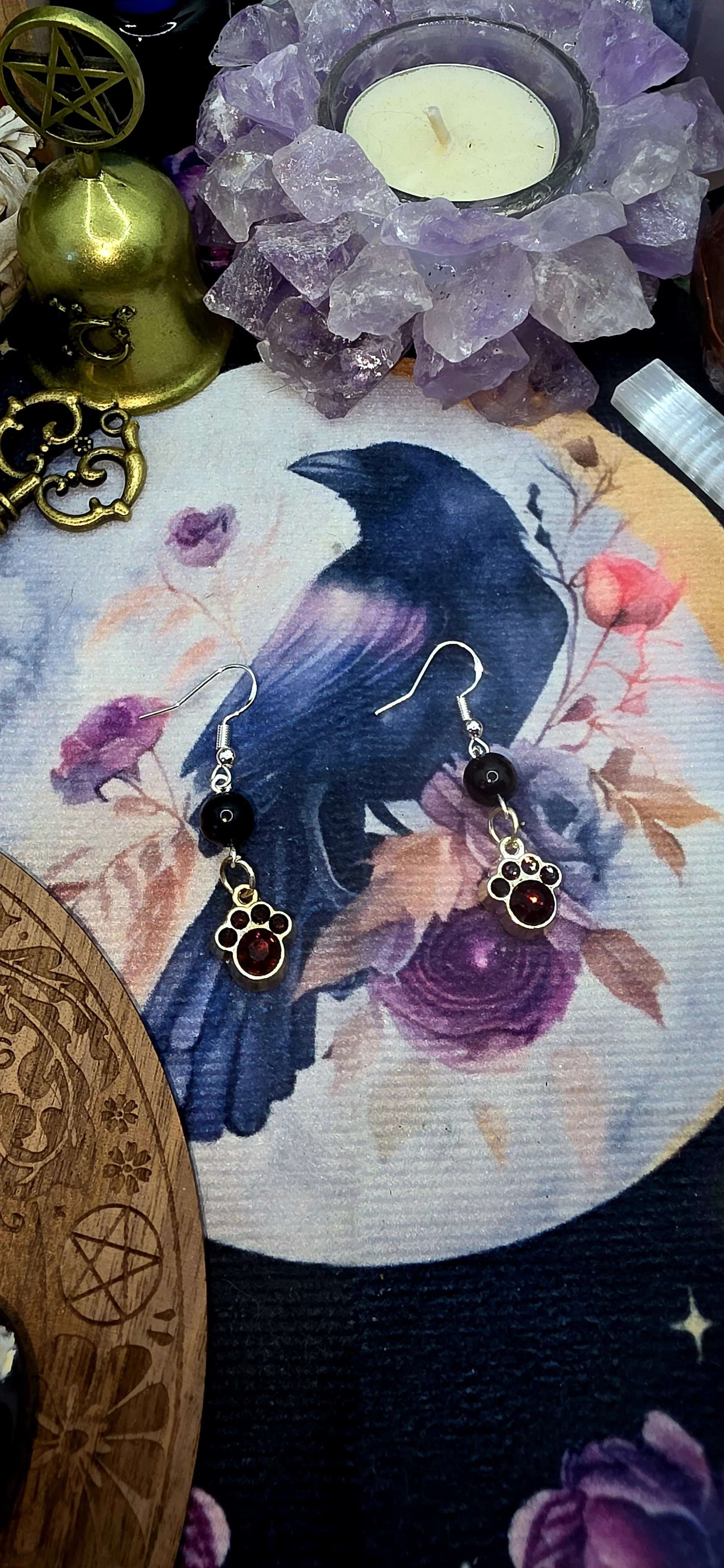 Silver Paw Black Gem Earrings