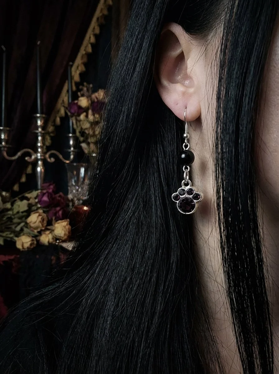 Silver Paw Black Gem Earrings