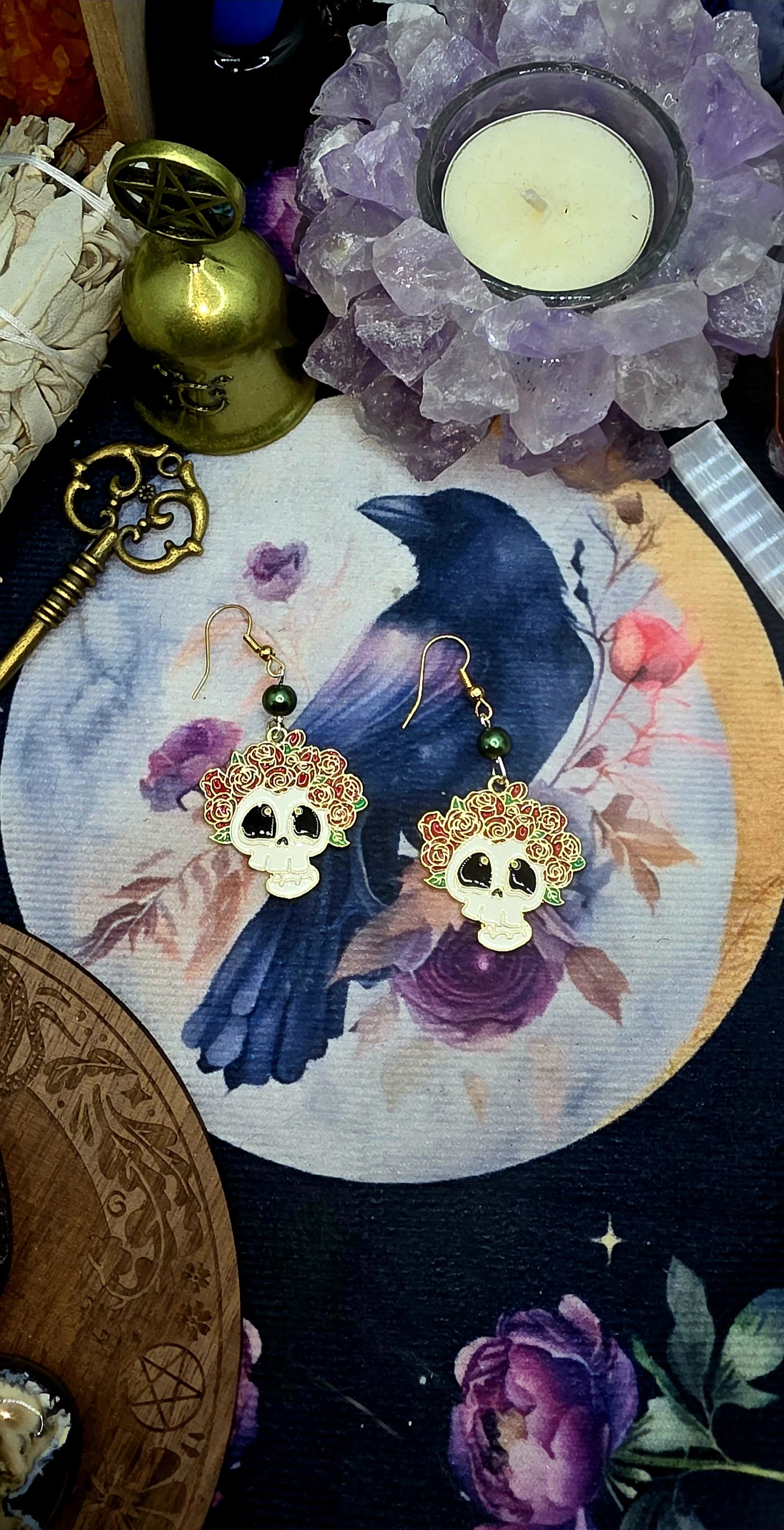 Skull and Red Flower Earrings