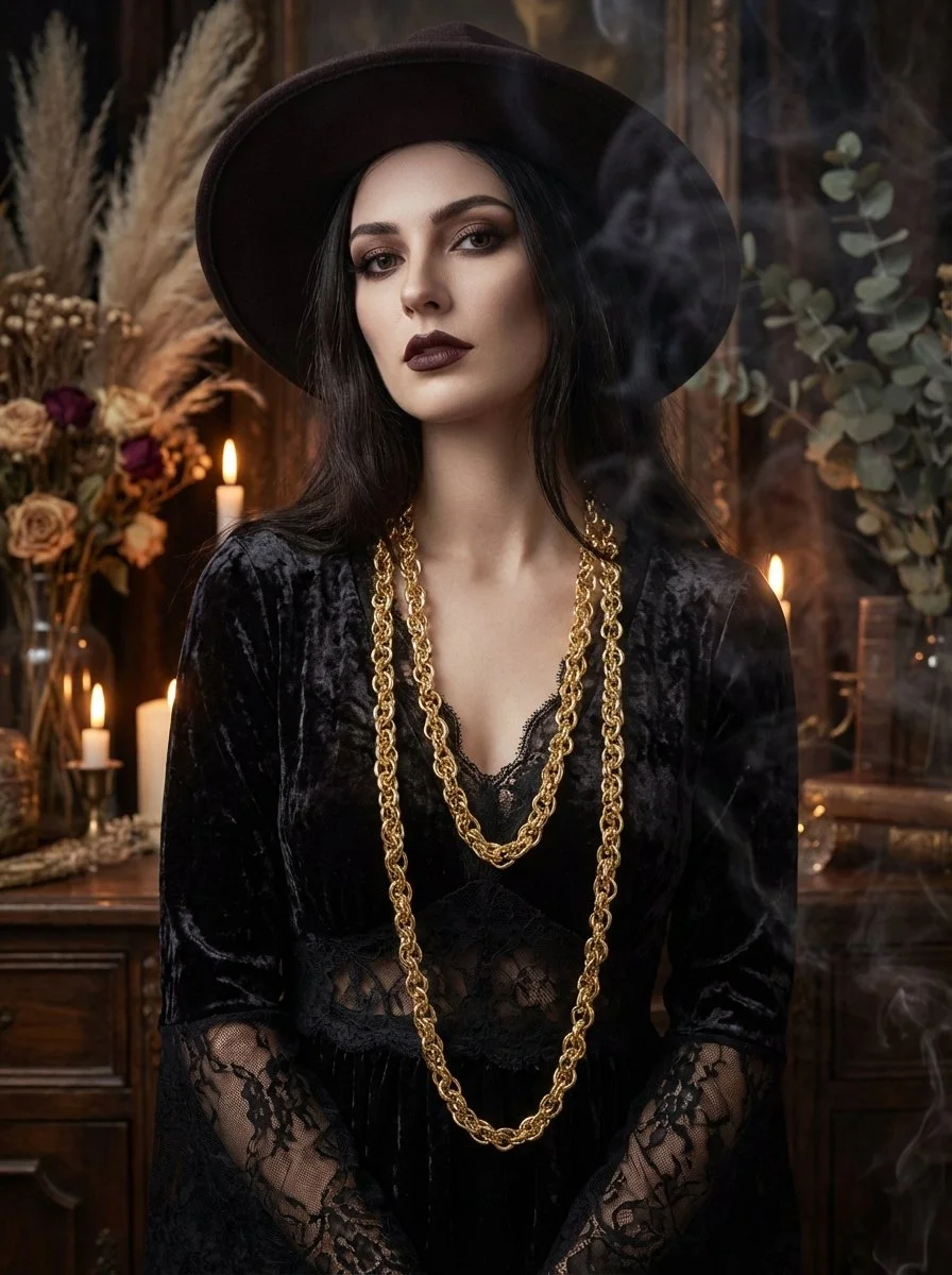 A woman with dark hair and dark makeup wearing a black hat, black lace dress, and layered gold chains, standing in a dimly lit room with candles and dried flowers in the background.
