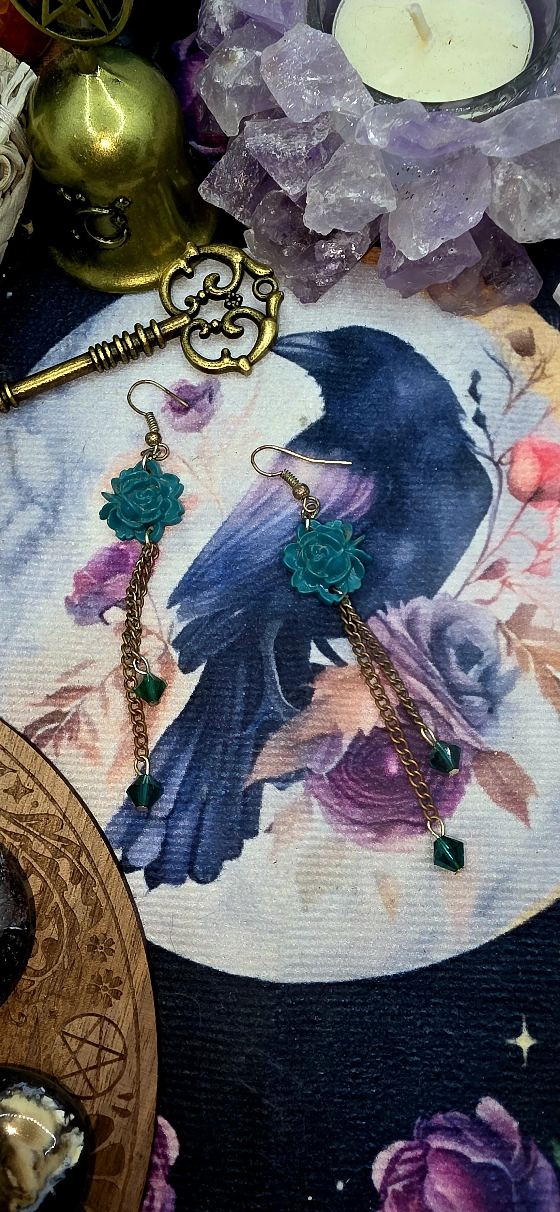 Teal Floral Cascade Earrings with Silver Chain Tassels