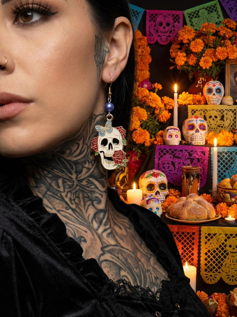 White Skull & Roses Gothic Earrings