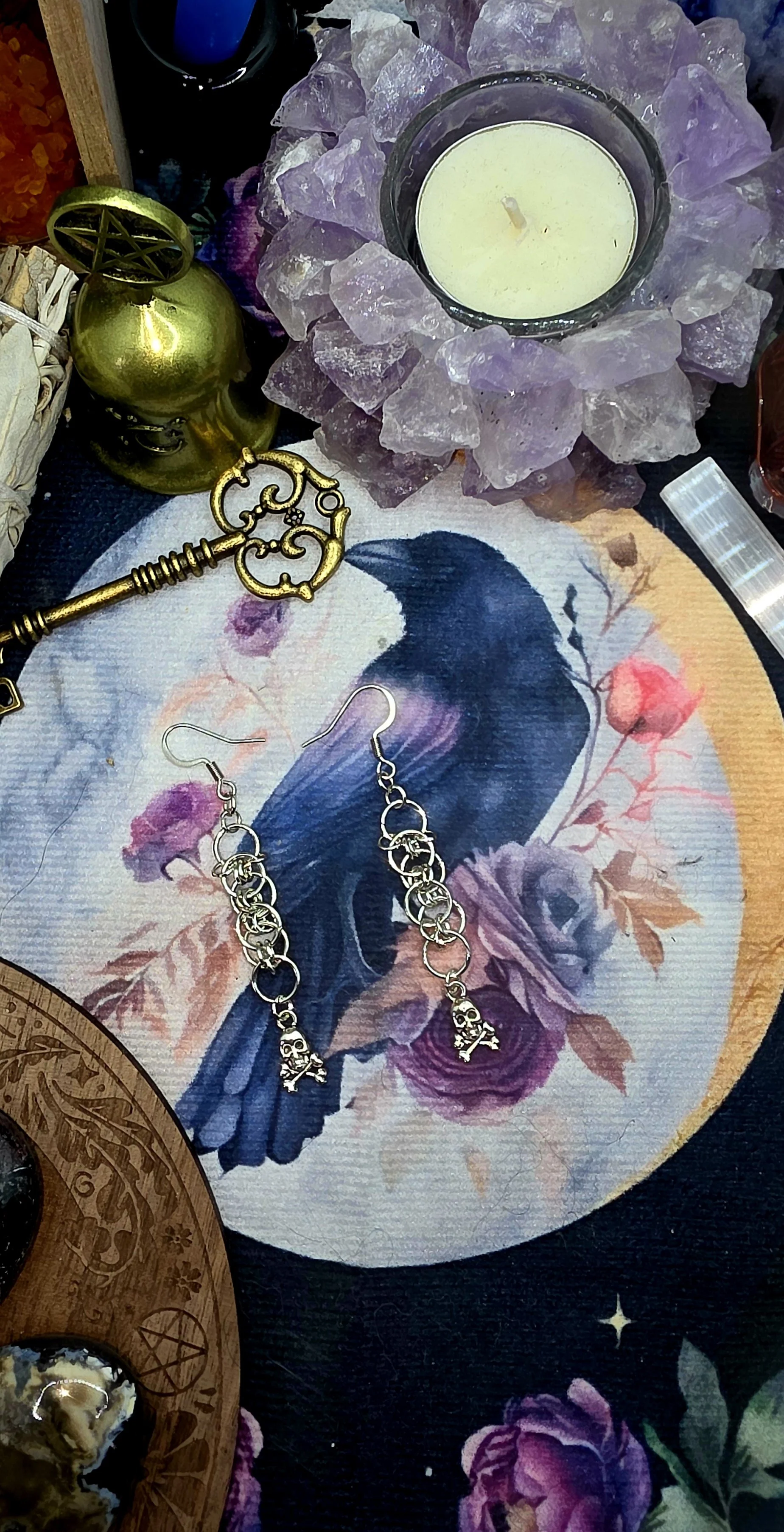 Skull and Crossbones Silver Chainmail Earrings