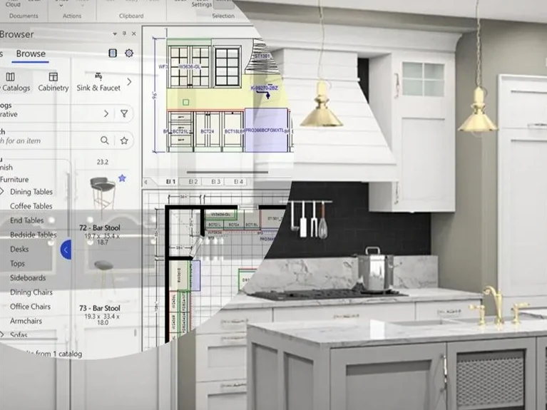 An interior view of a kitchen with white cabinets, a marble island, gold fixtures, and a window, partially overlapped by a digital blueprint or design plan on a computer screen.