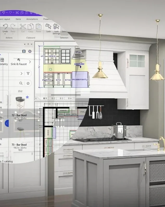 A kitchen with a design overlay showing blueprints and architectural plans, including cabinets, countertops, and pendant lights.