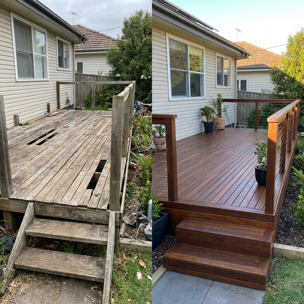 Comparison of a before-and-after of a house's backyard deck renovation, showing an old worn wooden deck on the left and a newly built, polished wooden deck on the right with potted plants.