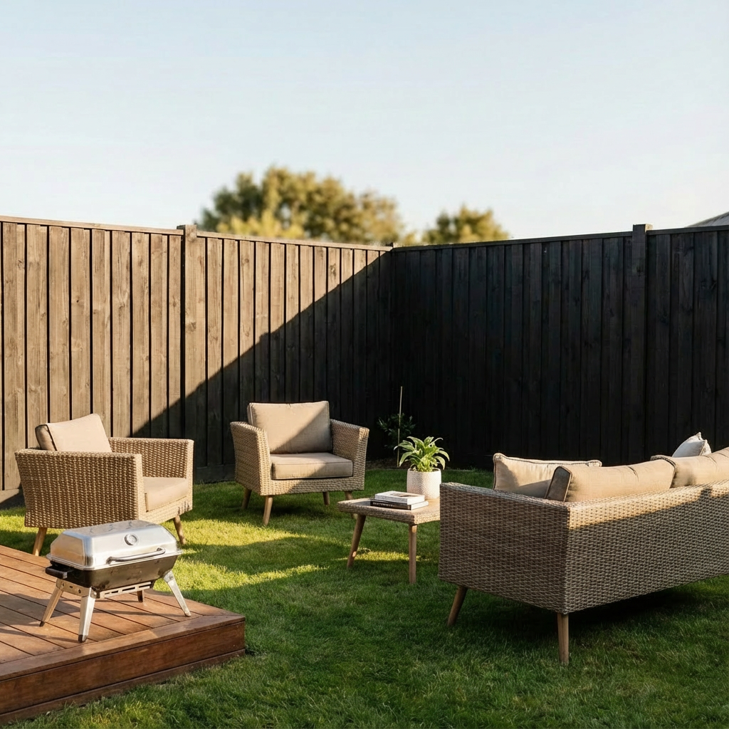 Outdoor patio with wicker furniture, a small grill on a wooden deck, a potted plant, and a wooden fence, under a clear sky.