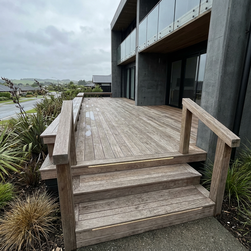 An outdoor wooden deck attached to a modern building with glass sliding doors, surrounded by landscaped plants, on a cloudy, rainy day.