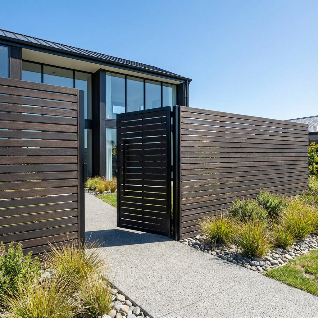 Modern house with large glass windows, wooden fence, and a black metal gate, surrounded by plants and pathway.