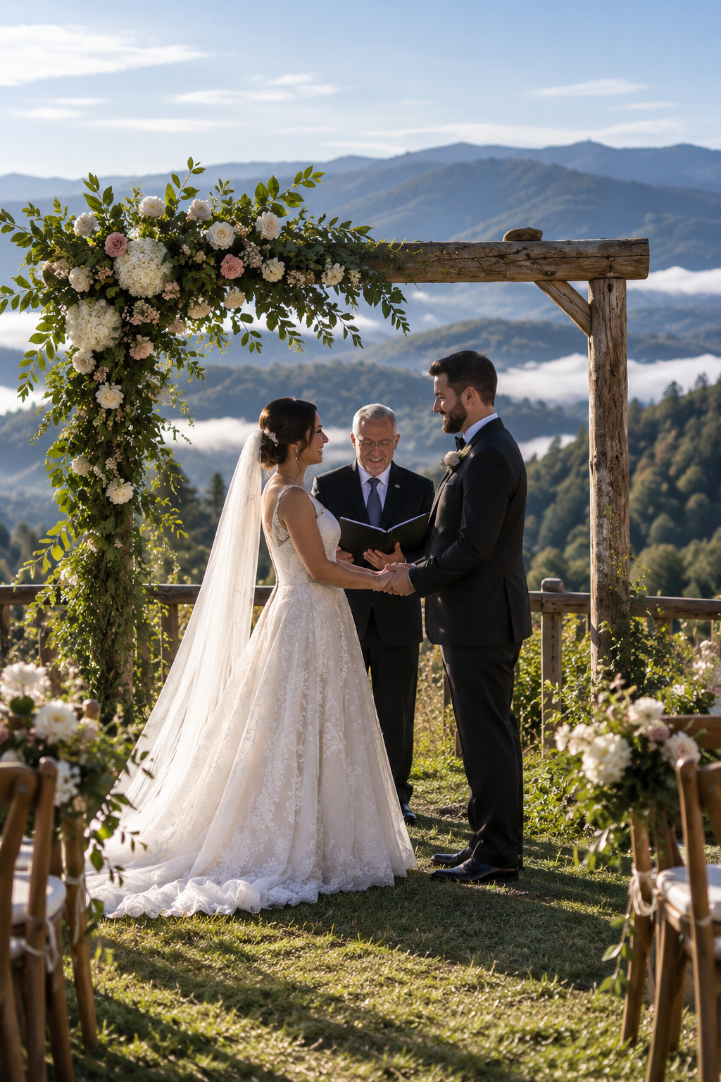 A couple gets married outdoors under a wooden arch decorated with white and pink flowers and greenery, with mountains and a partly cloudy sky in the background.