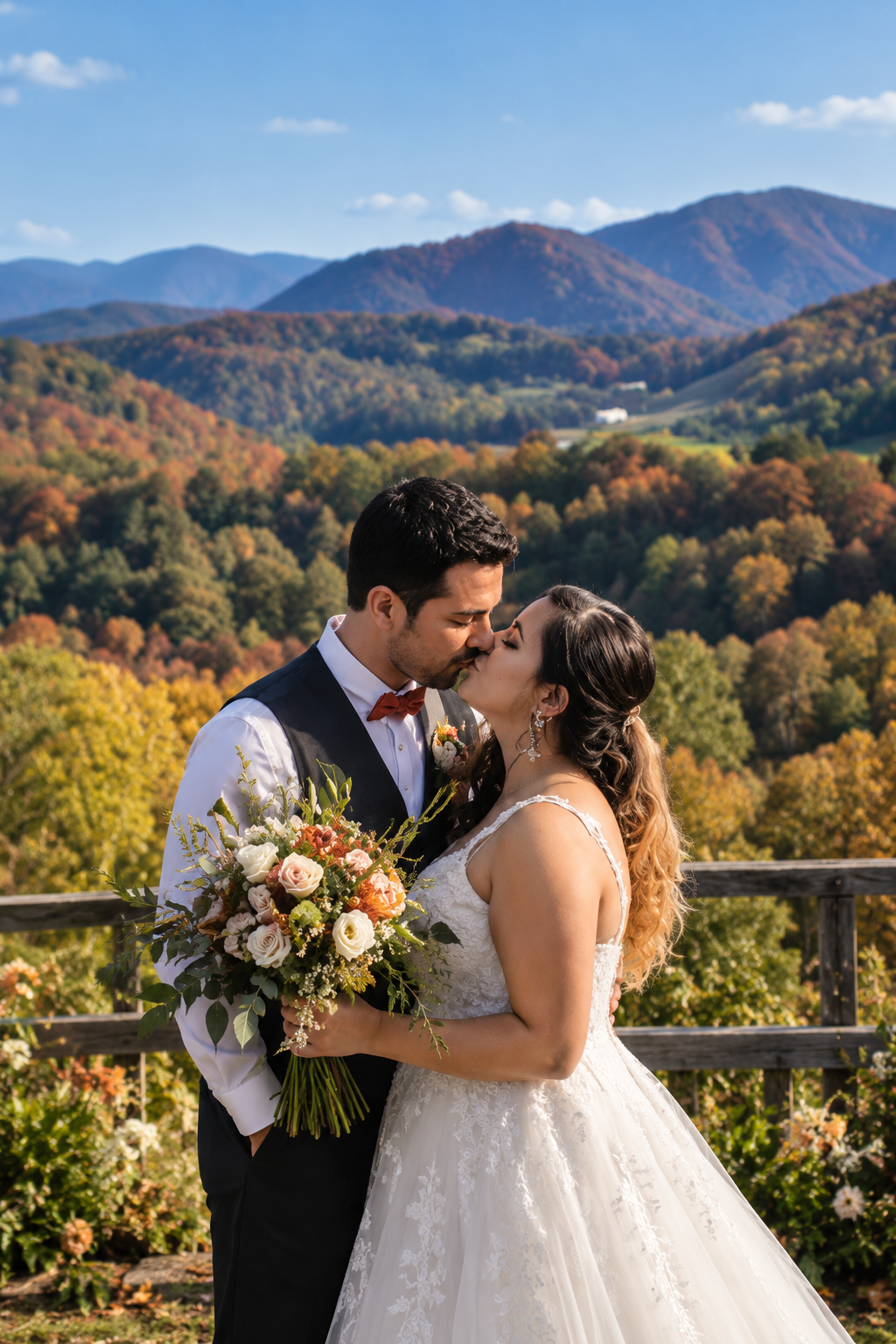 A bride and groom kiss outdoors on a wooden platform with colorful autumn trees and mountains in the background.