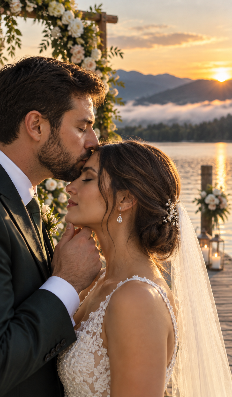 A bride and groom share a romantic moment at sunset during their wedding by a lakeside. The groom gently kisses the bride's forehead, who has her eyes closed and a serene expression. The scene features flowers, candles, and a scenic mountain view in the background.