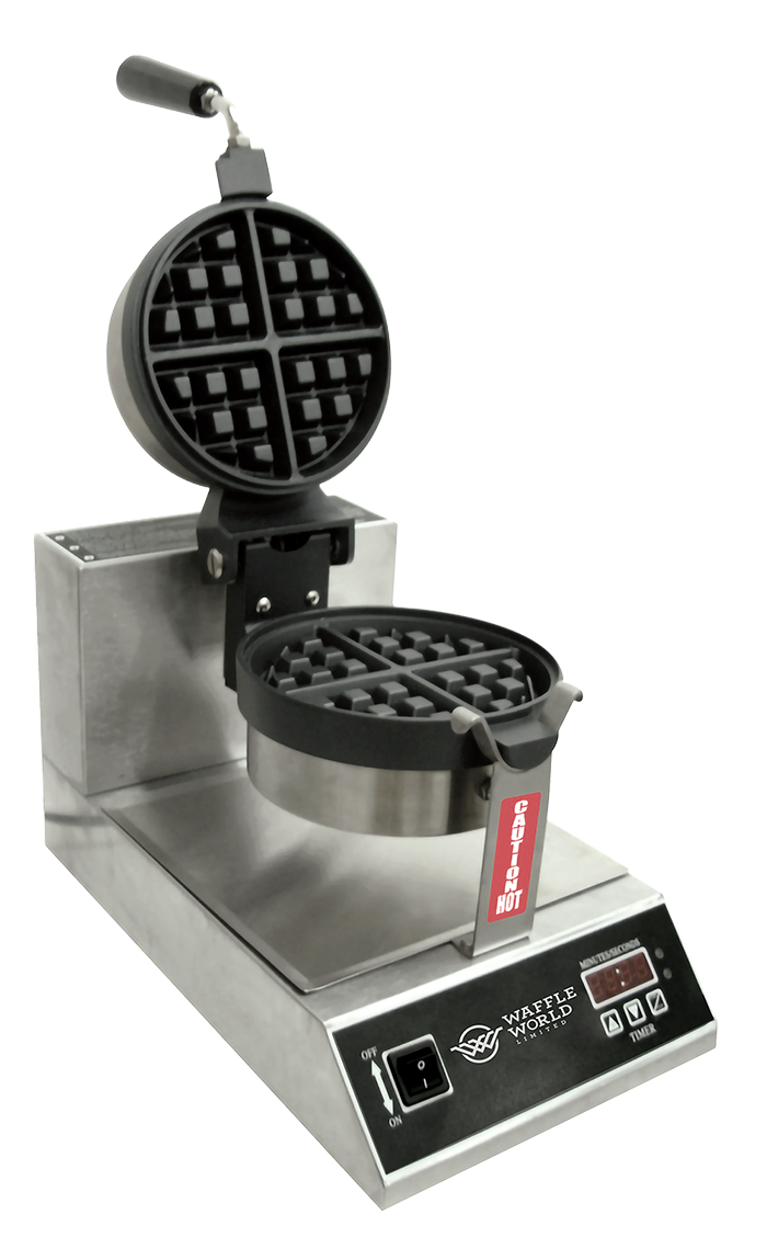Commercial waffle maker with two circular non-stick molds, one open and one closed, on a stainless steel base with control panel and digital display.