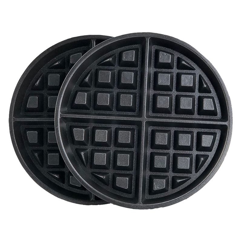 Two black circular waffle iron plates with square grid patterns.