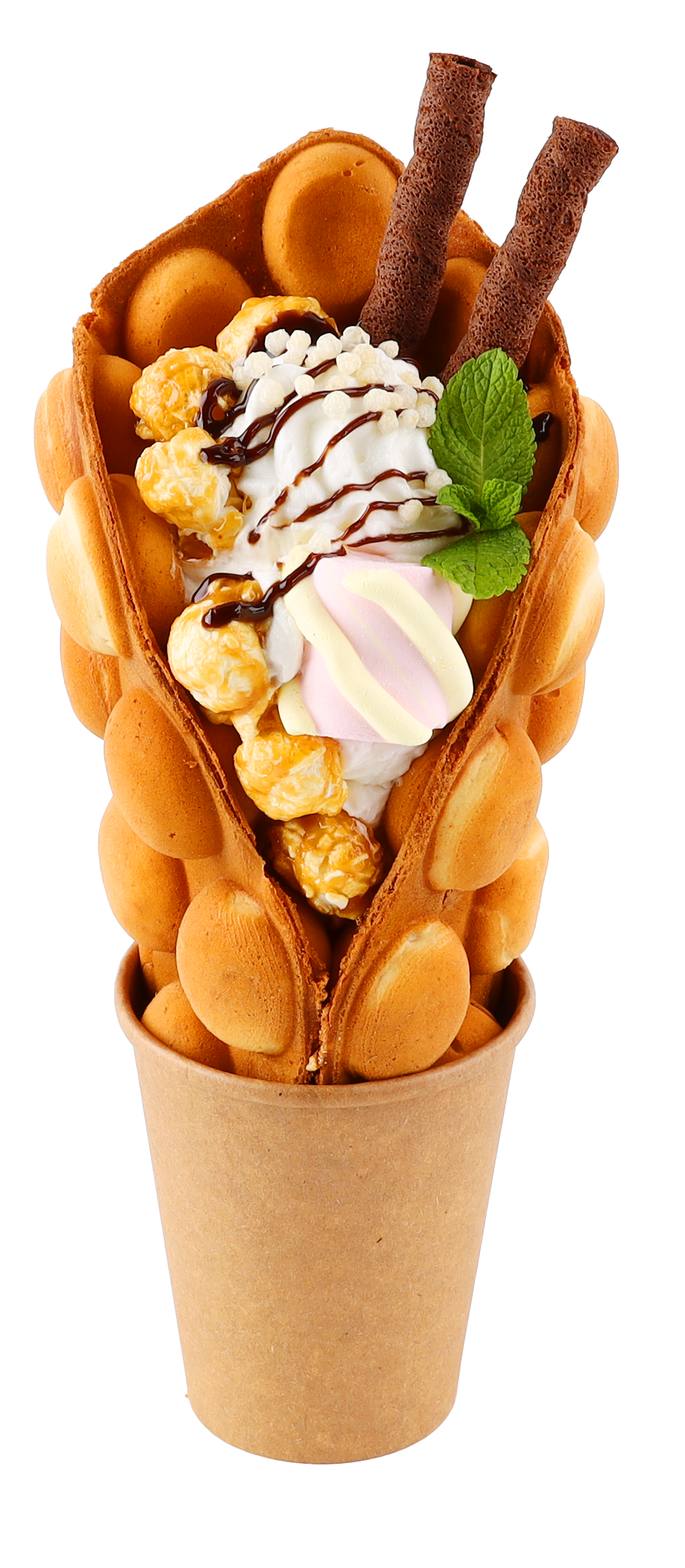 Ice cream cone with waffle shell filled with frozen yogurt, caramel popcorn, chocolate syrup, mint leaf, marshmallow, and rolled wafer cookies.