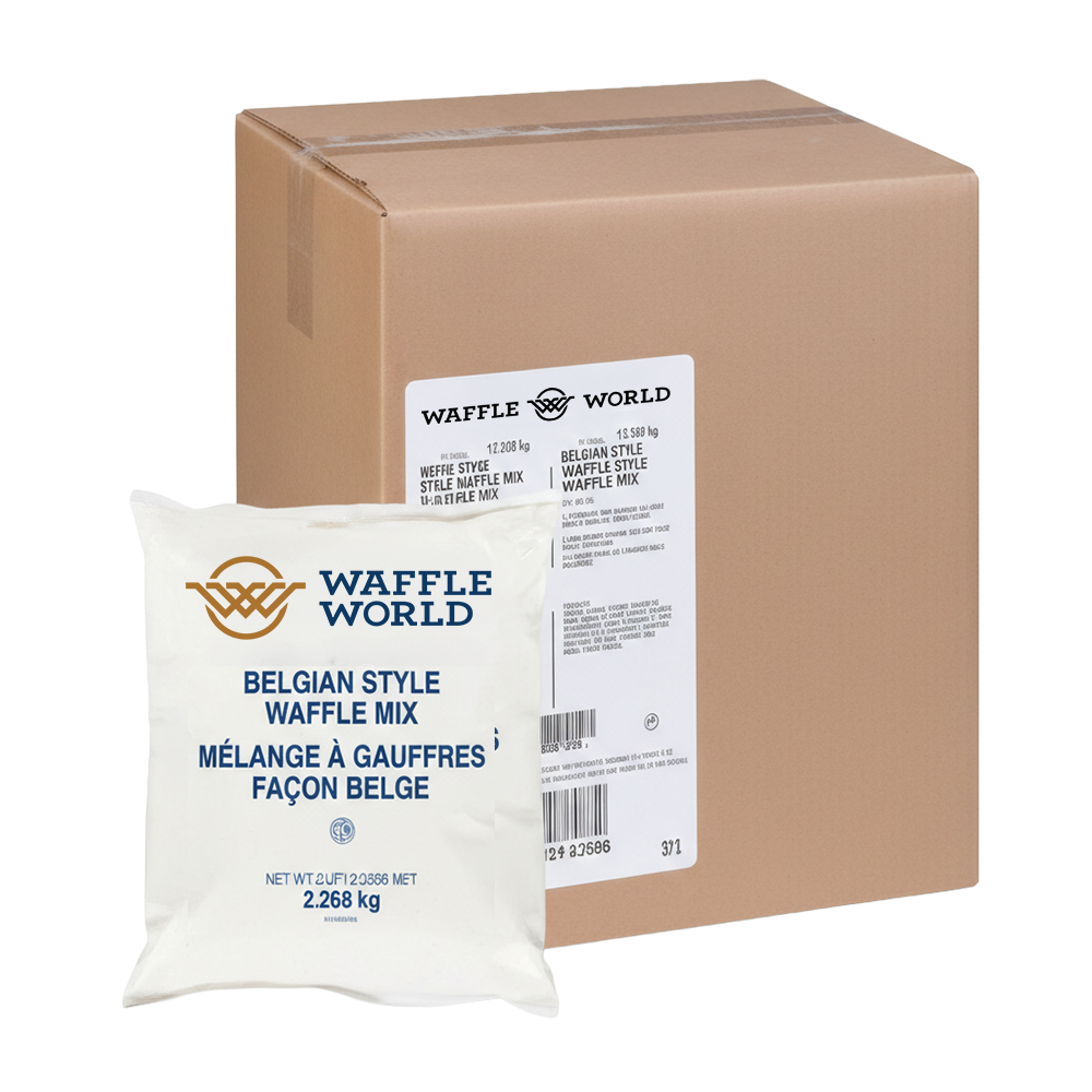 A white bag labeled "Waffle World Belgian Style Waffle Mix" in front of a large cardboard box with a white label, indicating the same waffle mix product inside.