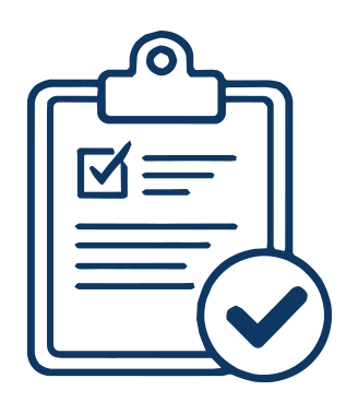 Clipboard with checklist and checkmark in a circle.