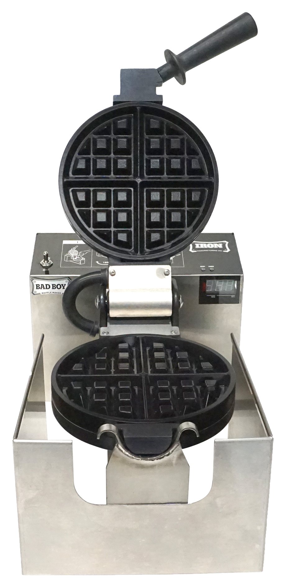 A waffle iron with two round cooking surfaces, one open and one closed, on a stainless steel stand.