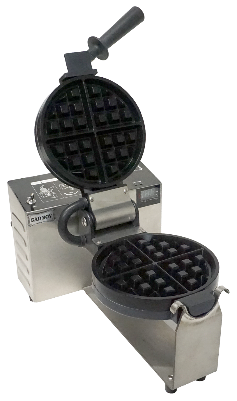A commercial waffle maker with two rotating heated plates, labeled "BAD BOY", not currently in use.