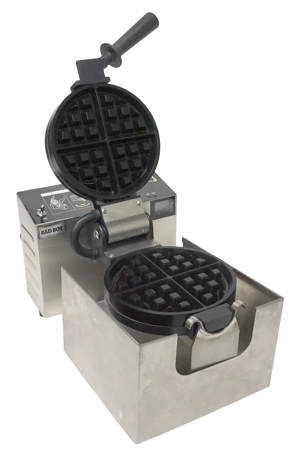 A stainless steel commercial waffle maker with two non-stick cooking plates, each divided into four sections, with the top plate open. The machine has a digital timer and instructions on the sides, and a handle for closing the plates.