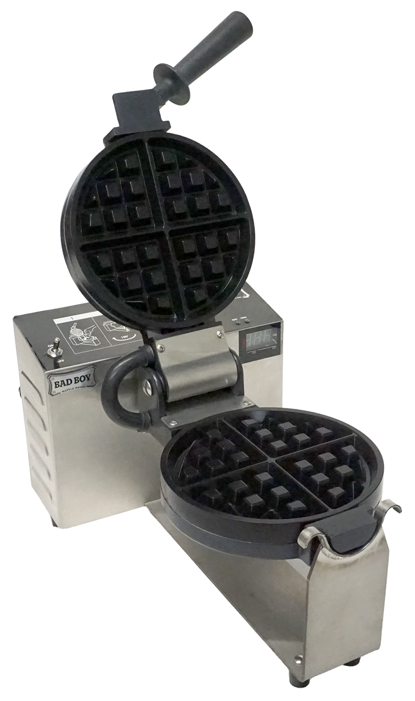 A waffle maker with two heated plates open, ready to cook waffles. The waffle maker has a stainless steel body with a label that reads 'Bad Boy Waffle Maker' and a small digital display on the side.