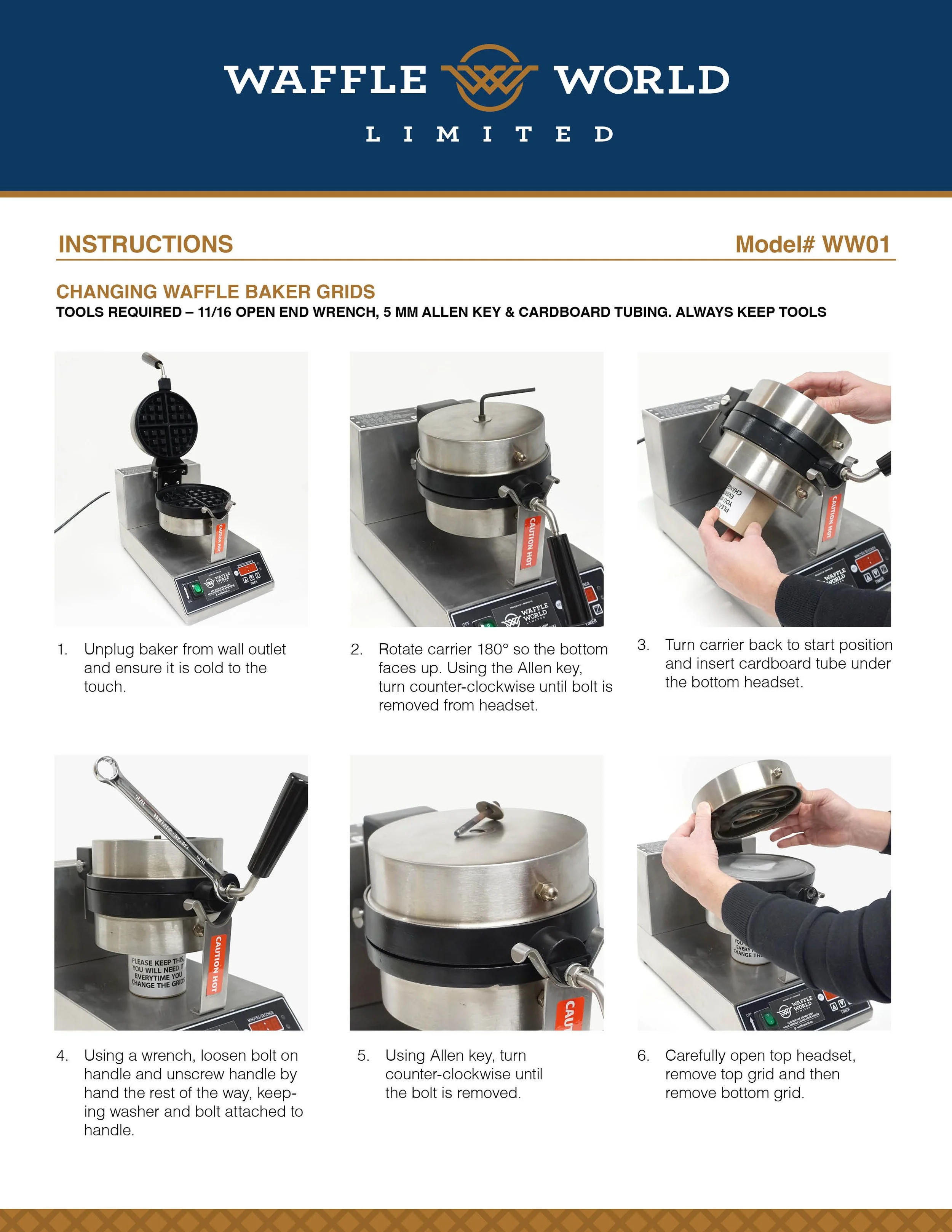 Instructions for changing waffle baker grids, including steps with images of a waffle baker, a carrier, and tools.