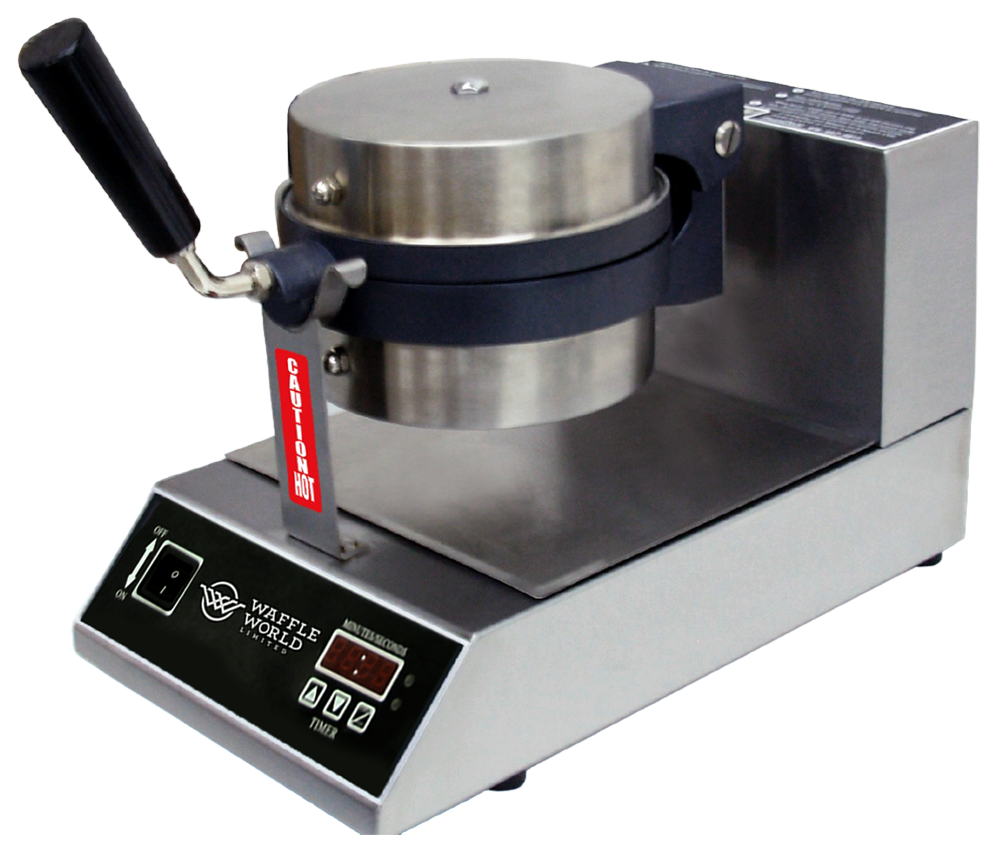 A waffle iron with a stainless steel top and dark blue handle, sitting on a stainless steel base with digital controls and a display, branded 'Waffle World Limited'