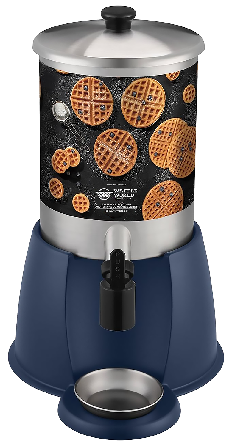 Countertop waffle iron filled with cooked waffles and a scoop of powdered sugar on top.