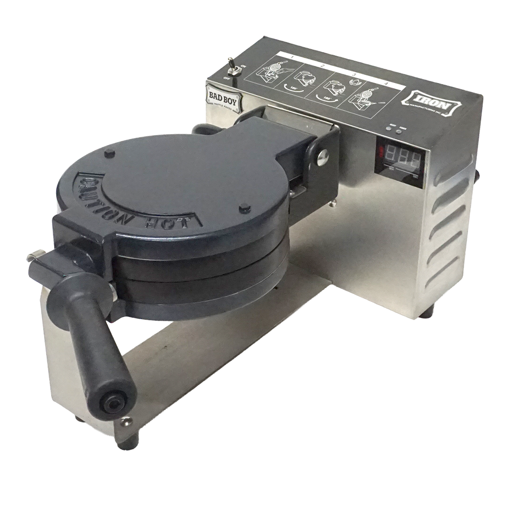 A compact, tabletop machine with a black rubber belt usually used for pizza or bakery items, marked with 'LADLE HOT AROUND,' attached to a metallic base with control panel and digital display. It is an industrial kitchen tool with icons indicating operation steps.