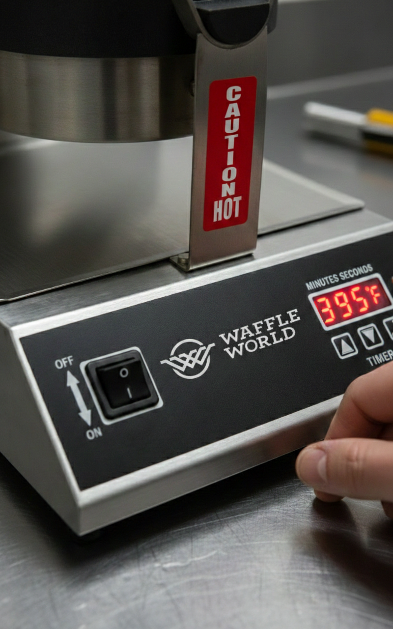 A waffle iron with a warning sticker that says 'Caution Hot.' The digital display shows 395°F, and a person's hand is adjusting the timer button.