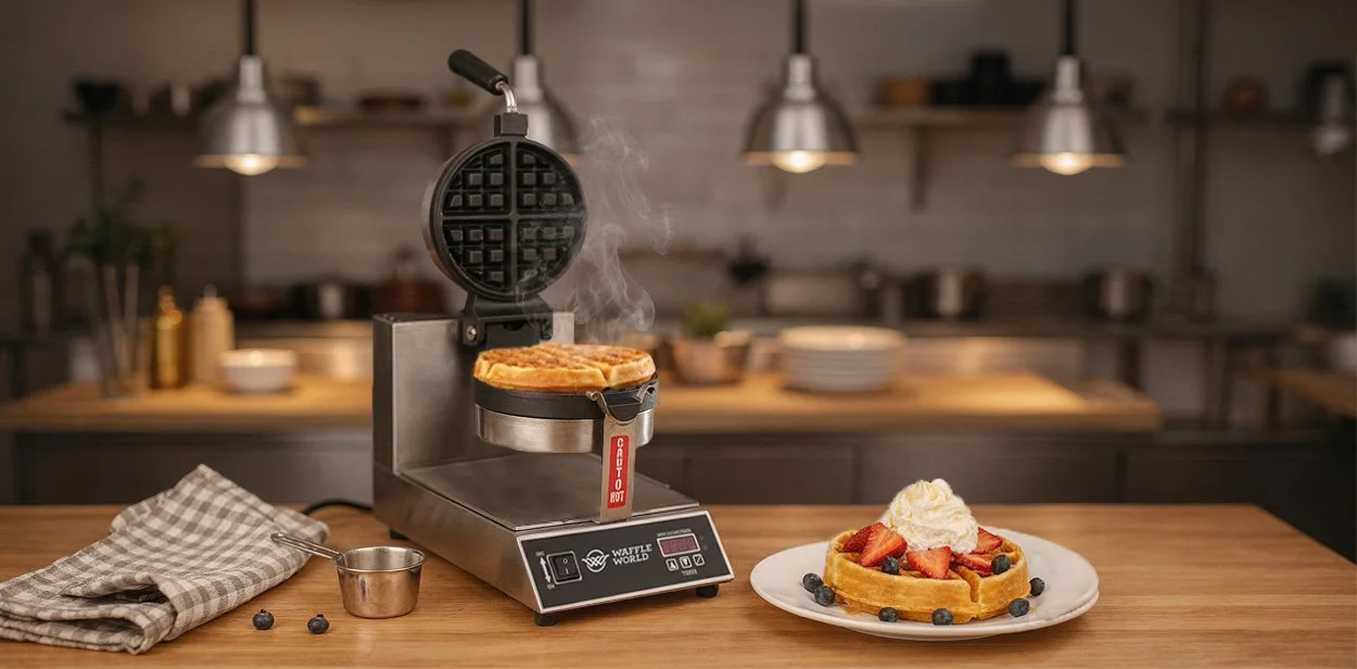 A waffle on a waffle iron, with steam coming off, and a plate of waffles topped with strawberries, blueberries, and whipped cream on a wooden countertop in a kitchen.