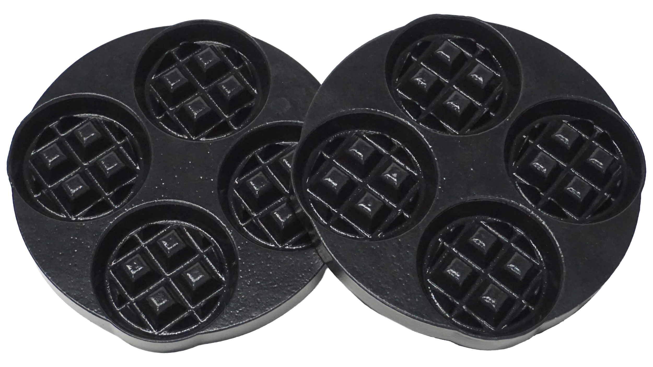 Two black waffle iron molds with six circular slots, each with a square grid pattern inside.