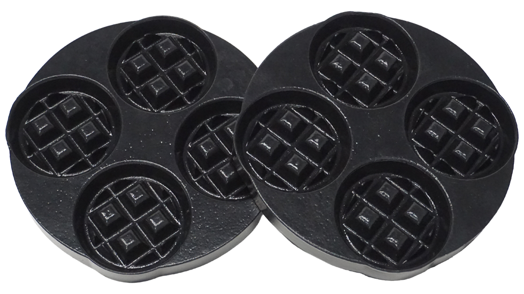 Two black non-stick round waffle molds with six circular indentations each, designed for making small round waffles.