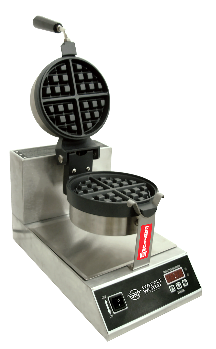 A stainless steel waffle iron machine with a round shape, two cooking plates, and a digital control panel, used for making waffles.