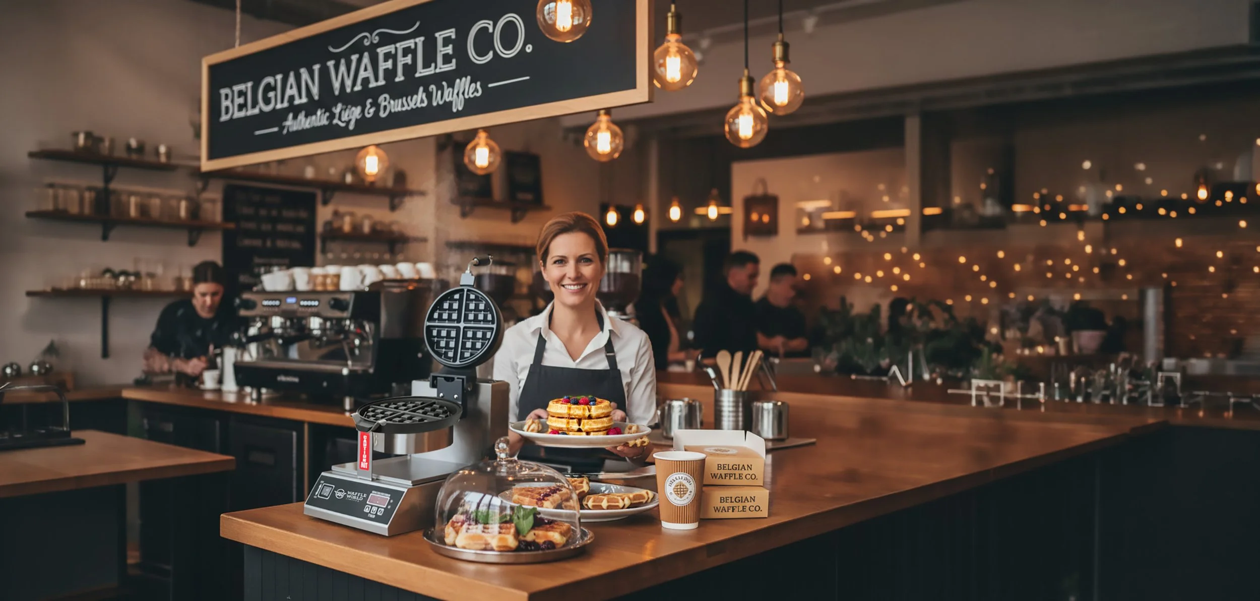 A smiling woman in a black apron holds a plate of waffles topped with berries inside a cozy cafe. The cafe has warm lighting and a chalkboard sign that reads 'Belgian Waffle Co.' on the wall behind her. There are other people working in the background and various baked goods and waffles on the counter.