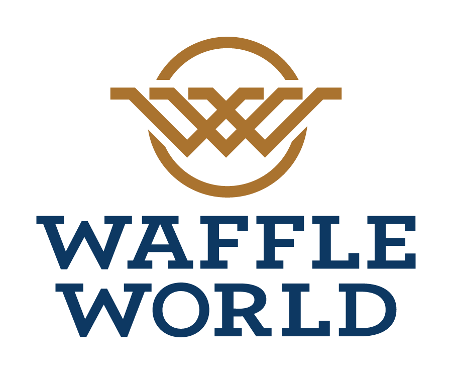 Logo for Waffle World featuring a stylized waffle with a geometric design in brown and black, and the text "Waffle World" in bold blue letters.