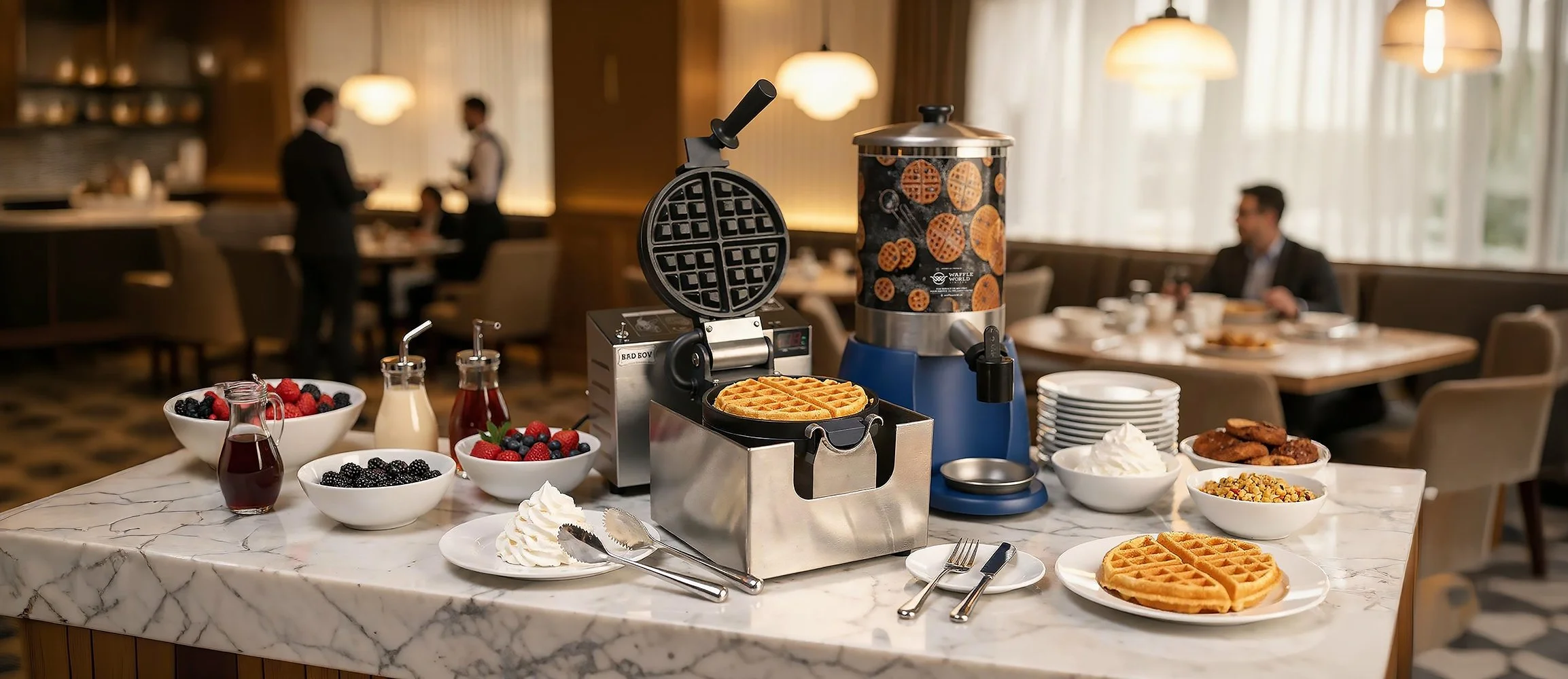 Breakfast buffet with waffles, bowls of berries, whipped cream, with syrup and jam, and a waffle maker, in a restaurant setting with tables and waitstaff in the background.