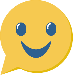 Close-up of a yellow speech bubble with a smiling face, featuring two blue eyes and a wide, happy mouth.