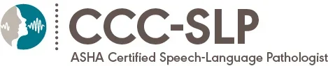 Logo of CCC-SLP, ASHA Certified Speech-Language Pathologist, featuring a globe with sound waves and text in black and teal.