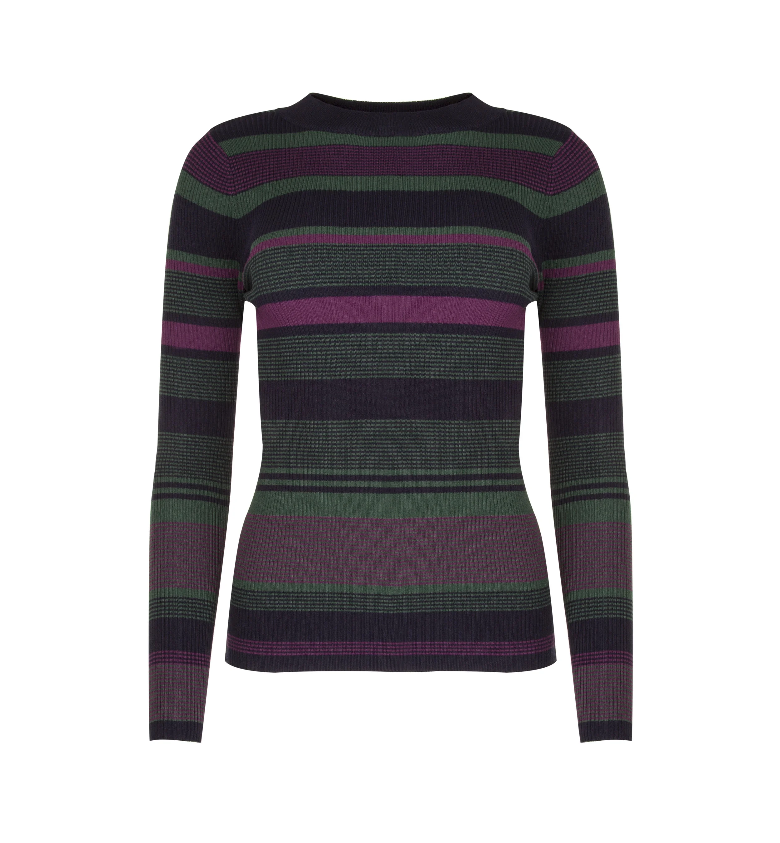 A long-sleeve women's sweater with multicolored horizontal stripes in green, purple, and black.
