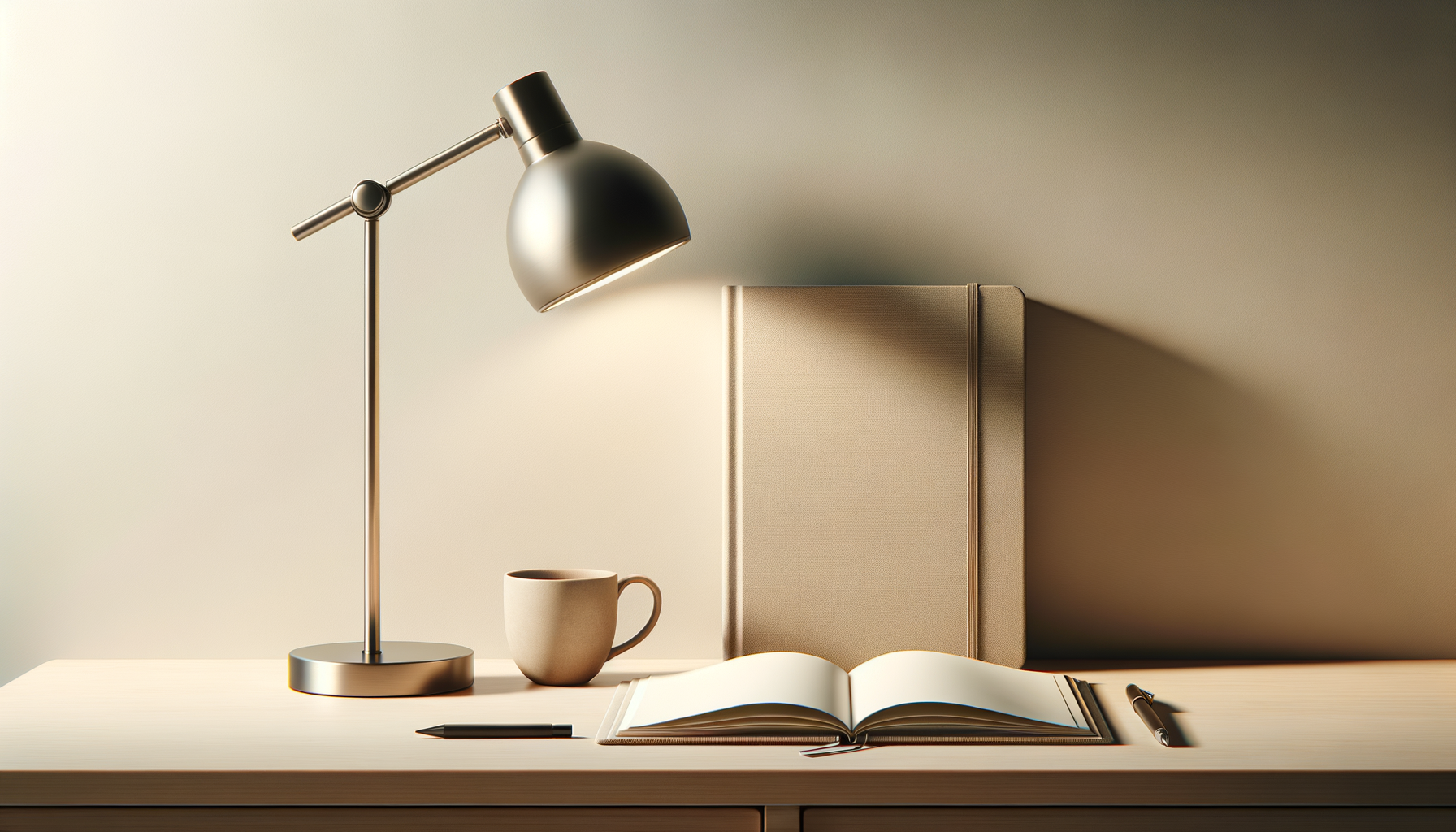 Desk with a modern adjustable desk lamp, an open notebook, a pen, a mug, a closed book, and a black pen on a light wooden surface, with a plain beige wall background.
