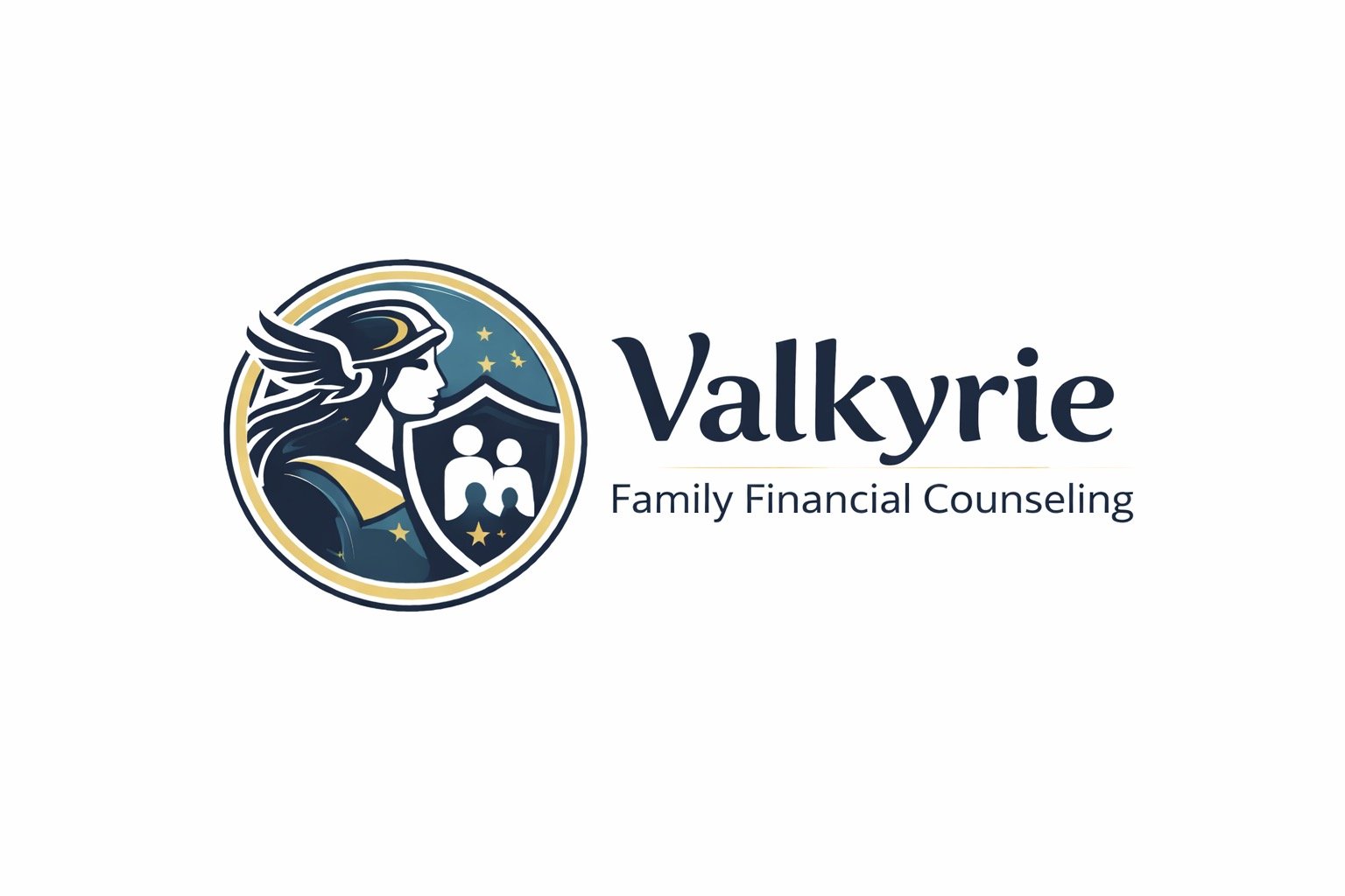 Logo for Valkyrie Family Financial Counseling featuring a stylized illustration of a Valkyrie with wings, a shield with family figures, and stars in a circular frame, accompanied by the text 'Valkyrie Family Financial Counseling'.