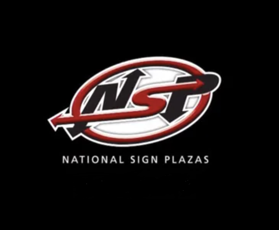 Logo of the National Sign Plazas with a black background, featuring a stylized red, white, and black graphic design.