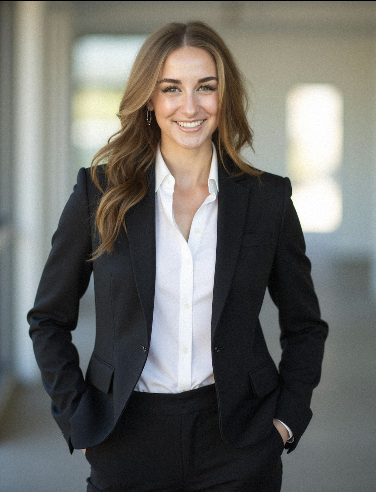 A smiling woman with light brown hair dressed in a black blazer and white blouse standing in a well-lit indoor setting.