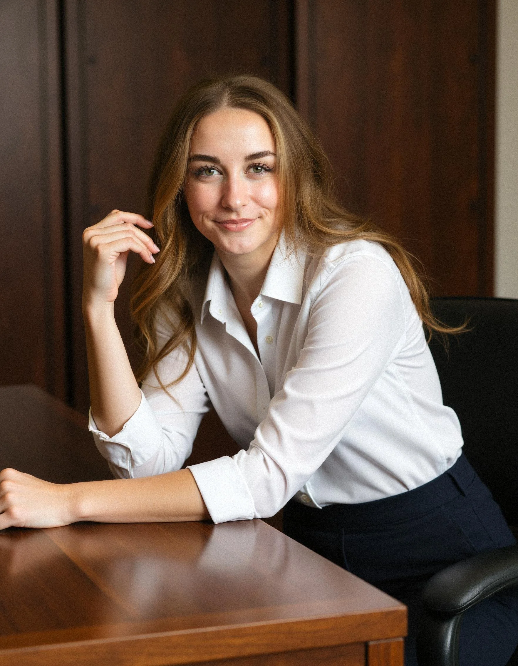 A young woman with long, slightly wavy blonde hair and light-colored eyes, wearing a white button-up shirt and dark pants, sitting at a wooden desk in an office environment, smiling softly at the camera.