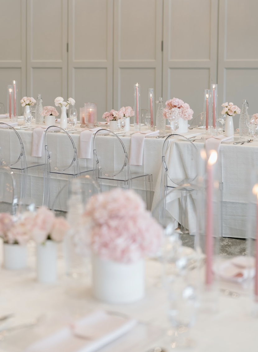 A elegantly decorated long dining table with pink floral centerpieces, candles, and glassware, set in a neutral toned room with white paneled walls.